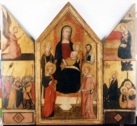 Anonimo — Anonimo fiorentino sec. XIV - Madonna con Bambino in trono e santi; Bacio di Giuda; Orazione di Cristo nell'orto di Gethsemani; Annunciazione — insieme